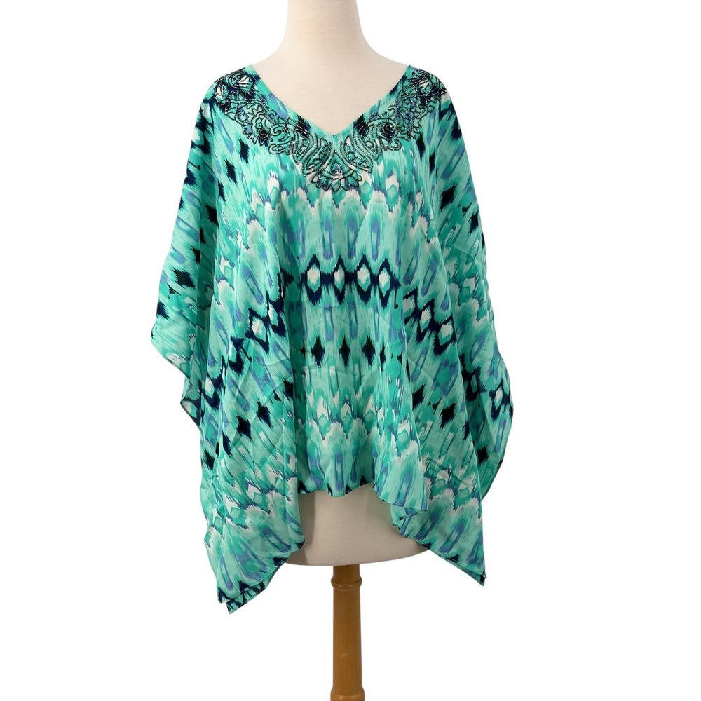 Chico's‎ Womens Teal Blue Ikat Print Beaded V-Neck Kaftan Kimono Top L/XL